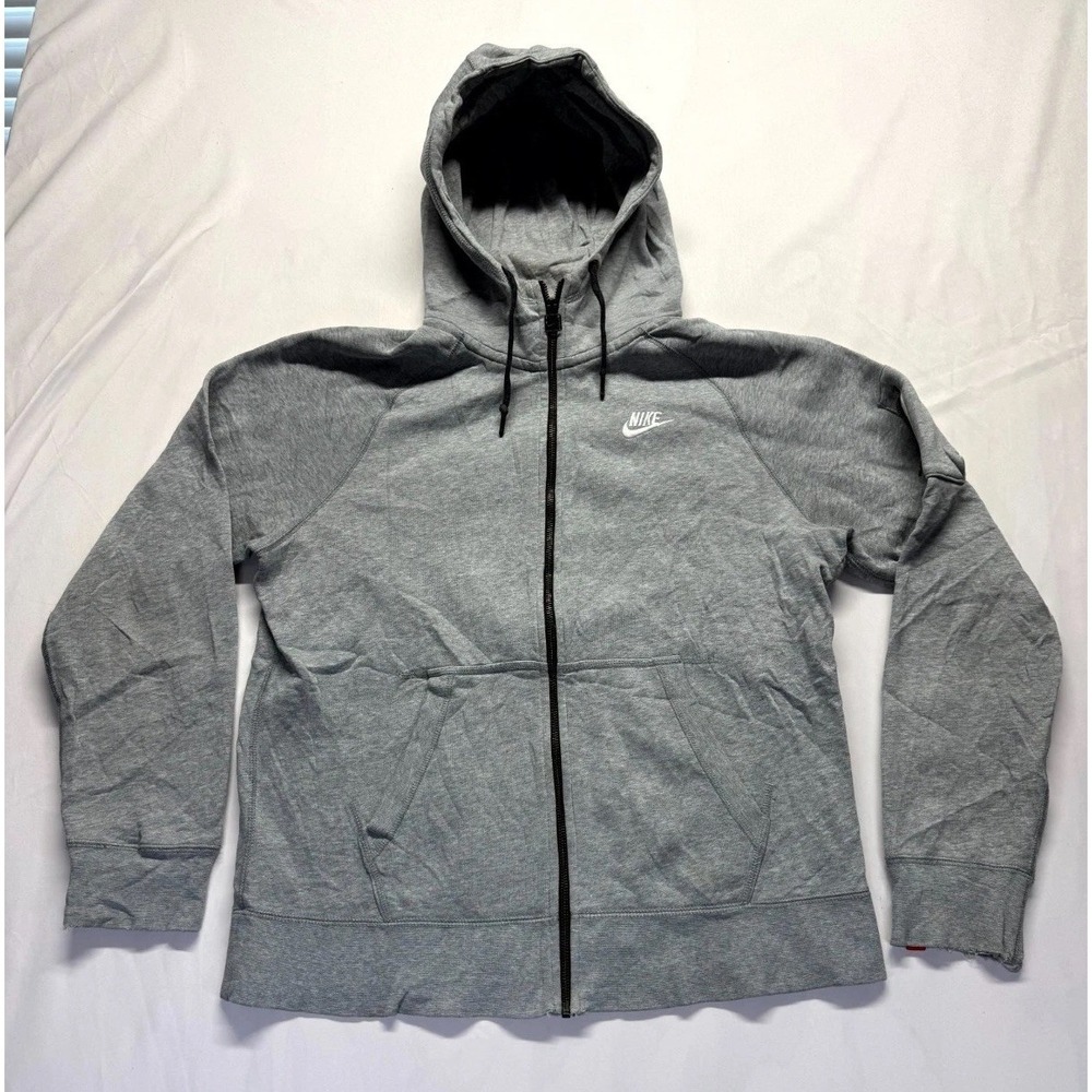 Nike Hoodie Mens L Heather Gray Swoosh Logo Fleece Lined Raglan Sleeve Full Zip‎